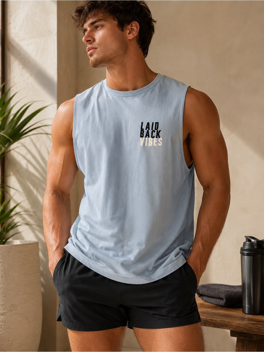 HM DIVIDEND Laid Back Vibes Men's Sleeveless Tee - Light Blue